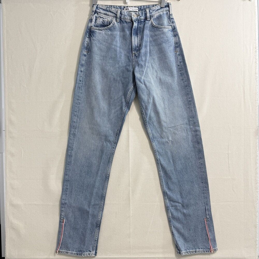 Zara Womens Size 2 Light Wash Jeans Side Slit Hem Red White Trim